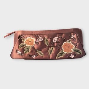 Avon Sequin Beaded Floral Embroidered Satin Clutch Evening Bag Purse‎ Brown